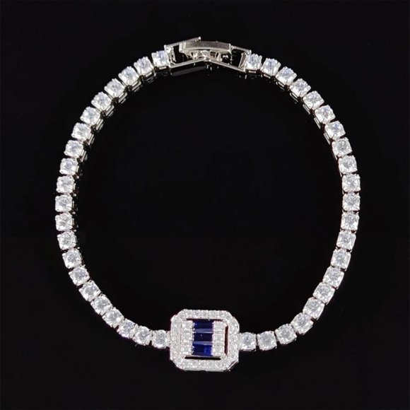 NEW “7” LUXURY 3MM DIAMOND BLUE’GREEN’ SILVER’ S925 STERLING BRACELET - Picture 4 of 5